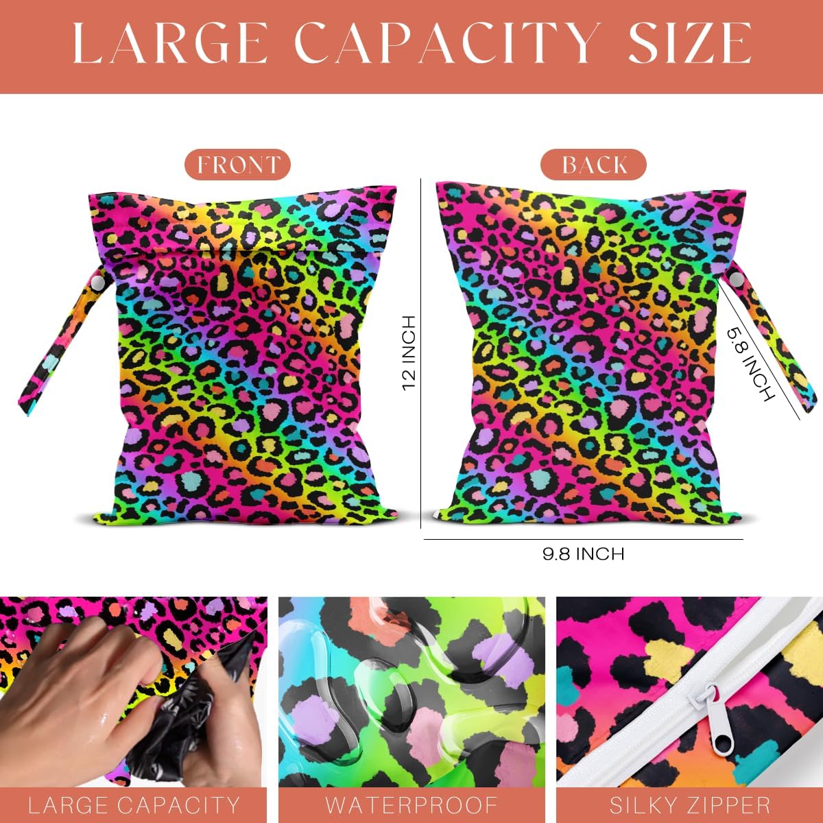 4 Pack Colorful Neon Leopard Print Wet Bag Waterproof Reusable Wet Dry Bag for Swimsuit Dirty Clothes Diaper Travel Pool Beach Yoga Gym Travel Party Birthday Christmas Toiletries Beach Essentials