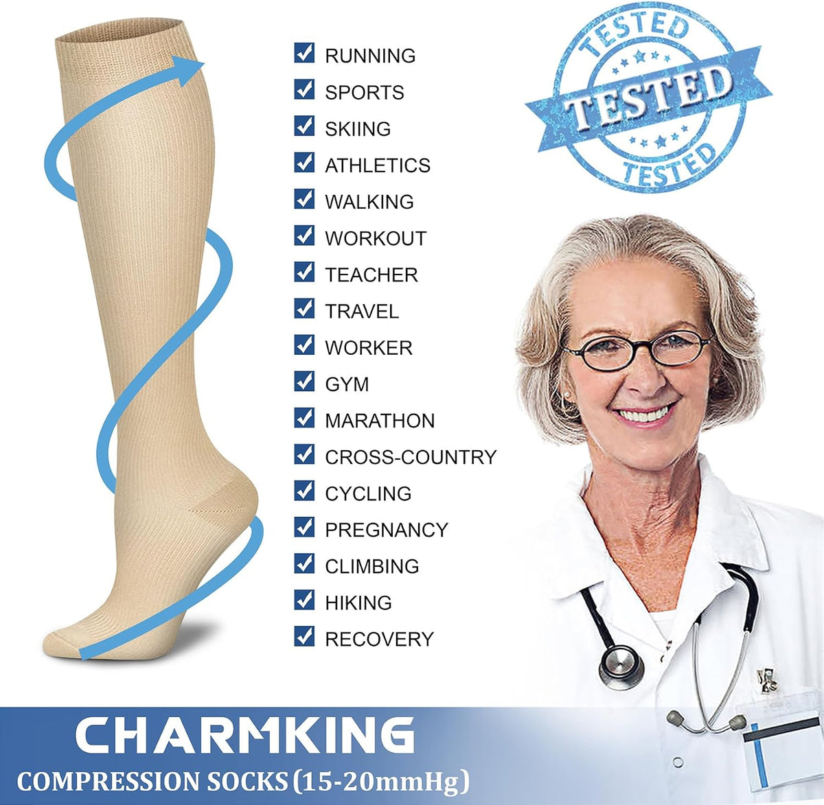 CHARMKING Compression Socks for Women & Men Circulation (8 Pairs) 15-20 mmHg Best Calf Socks Support for Athletic Cycling - Colors B