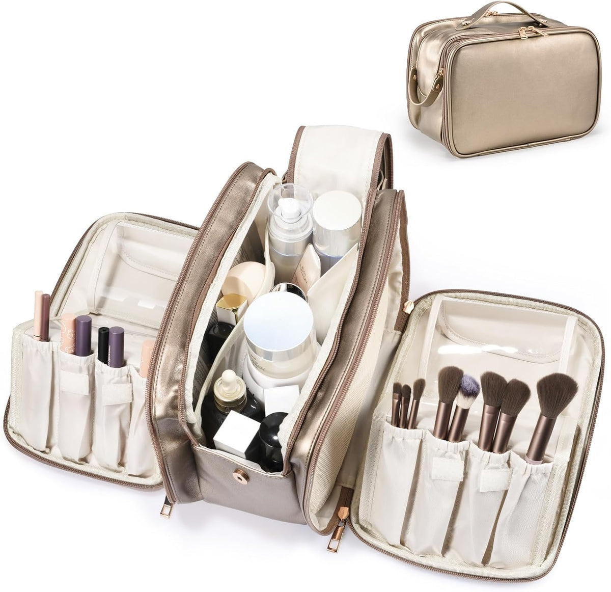 Travel Makeup Bag Women's Large Capacity Cosmetic Portable Organizer Large Opening Waterproof Storage Toiletry Bags Vertical Free-Standing Brush Holder for Easy Access Black