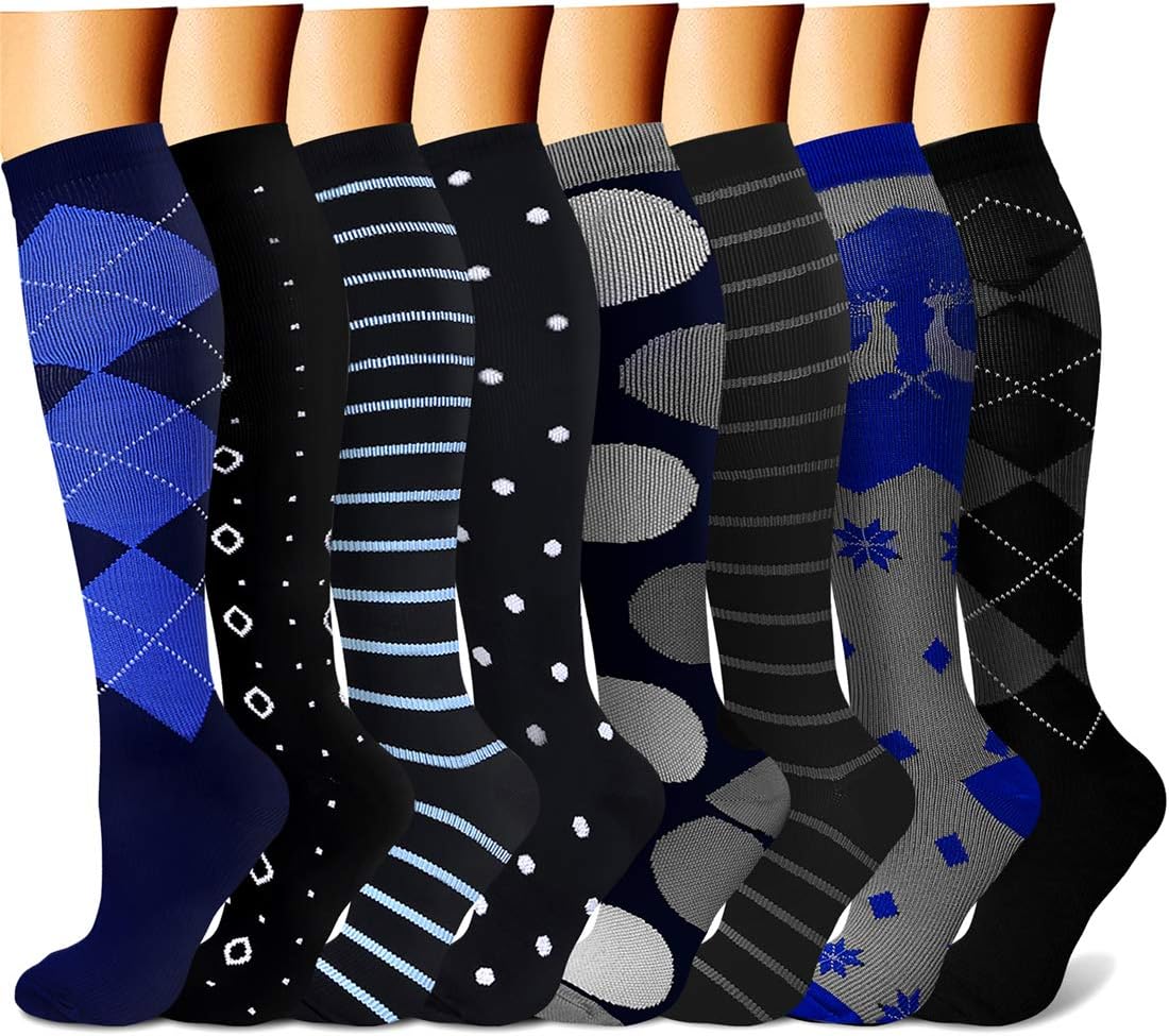 CHARMKING Compression Socks for Women & Men Circulation (8 Pairs) 15-20 mmHg Best Calf Socks Support for Athletic Cycling - Colors B