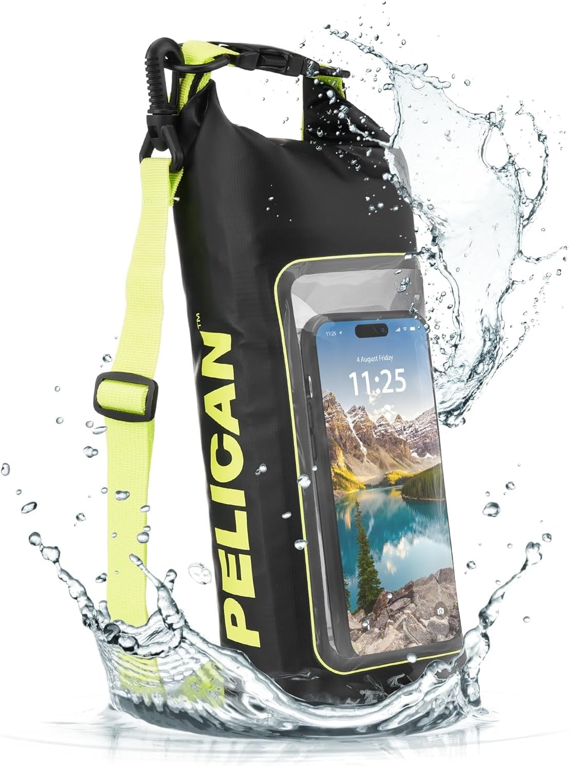 Pelican Marine IP68 Waterproof Dry Bag 2L - Roll Top Waterproof Backpack w/Phone Case/Pouch - Boating & Kayak Accessories - Essentials for Camping Swimming Beach Fishing Rafting Travel - Black/Yellow
