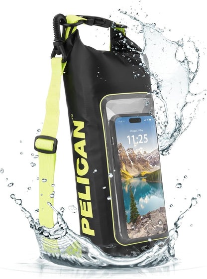 Pelican Marine IP68 Waterproof Dry Bag 2L - Roll Top Waterproof Backpack w/Phone Case/Pouch - Boating & Kayak Accessories - Essentials for Camping Swimming Beach Fishing Rafting Travel - Black/Yellow
