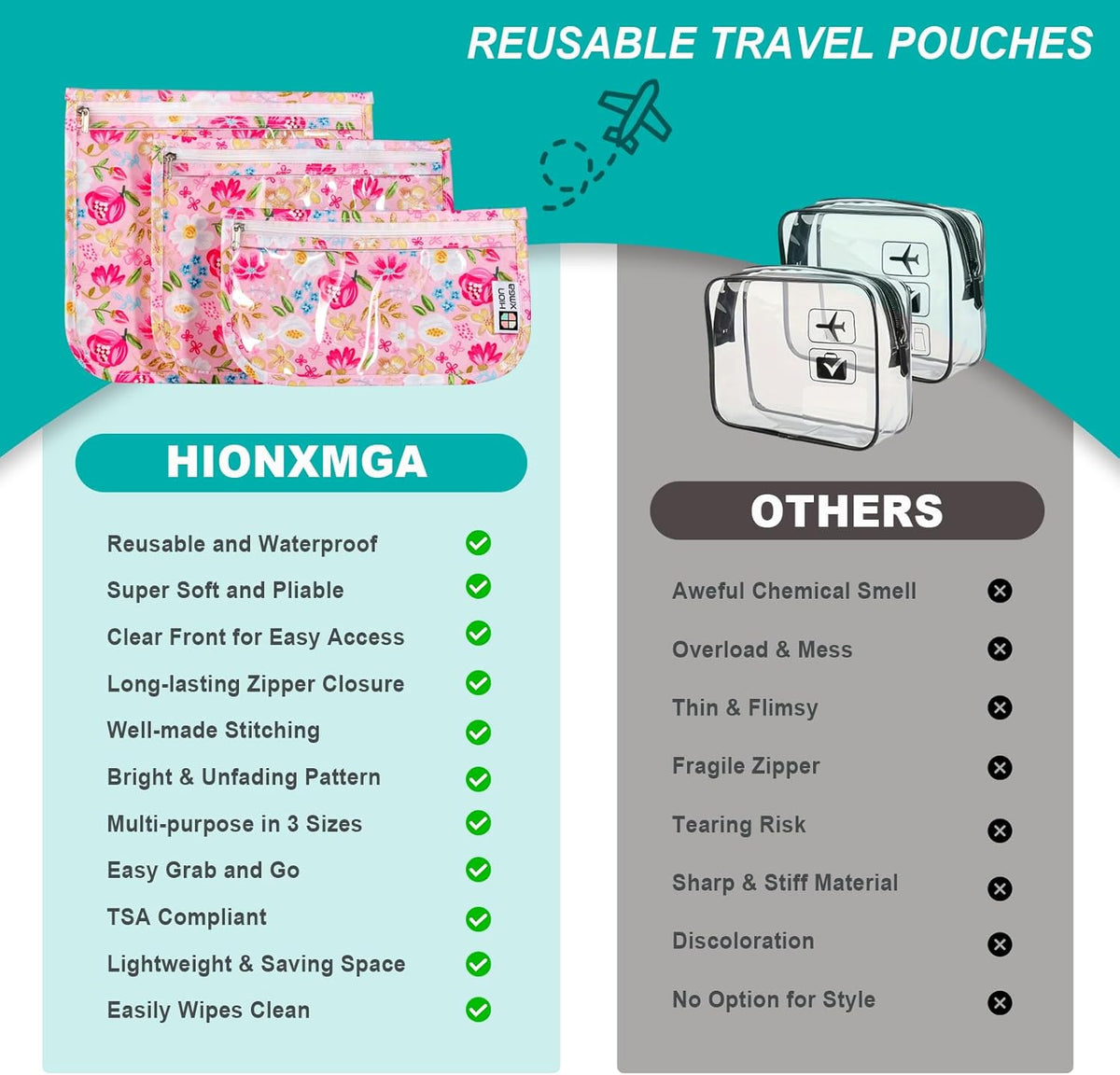 HIONXMGA TSA Approved Toiletry Bag, Set of 3 Clear Travel Toiletry Bag Quart Size Zipper Travel Pouch, Waterproof Makeup Cosmetic Bag for Women Men Kids Toiletries Carry on, Cacti A