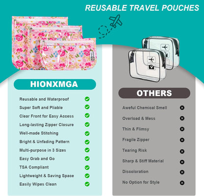 HIONXMGA TSA Approved Toiletry Bag, Set of 3 Clear Travel Toiletry Bag Quart Size Zipper Travel Pouch, Waterproof Makeup Cosmetic Bag for Women Men Kids Toiletries Carry on, Cacti A