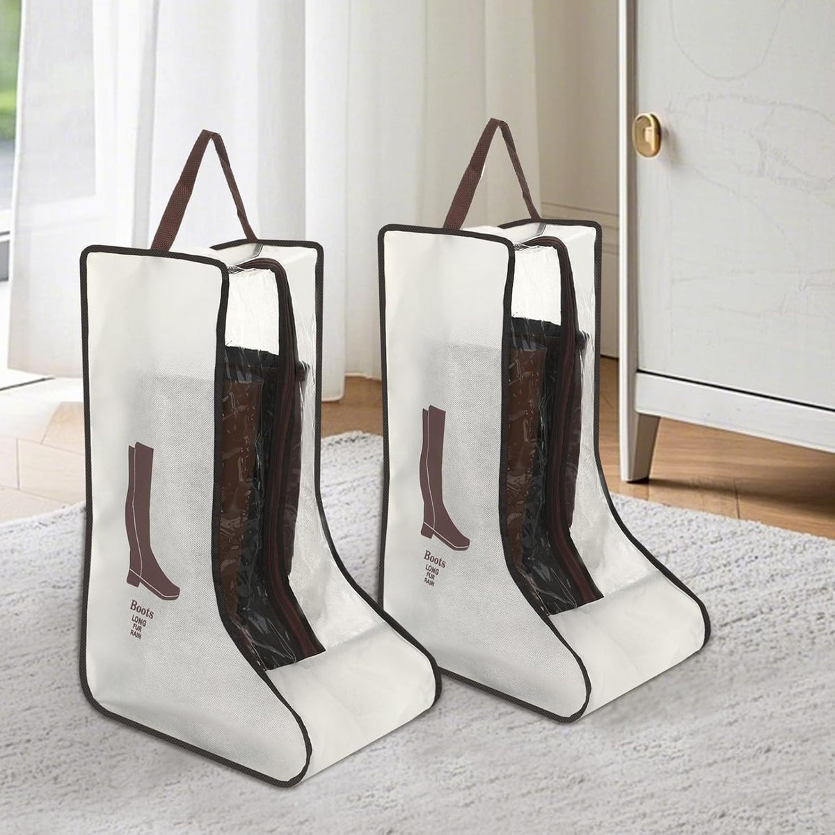 2 Pcs Tall Boot Bags for Cowboy Boots, Visualization Boot Storage Bag, Waterproof, Dustproof, Portable, Suitable for Travel and Daily Use, Foldable, Leather Shoes, Sports Shoes Storage (Cream White)