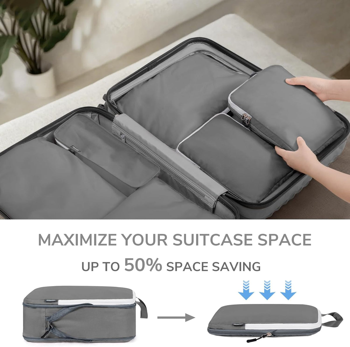 CherryNow Compression Packing Cubes, 7 Set Packing Cubes Compression, Travel Essentials, Travel Organizer for Shoes, Clothing, Grey