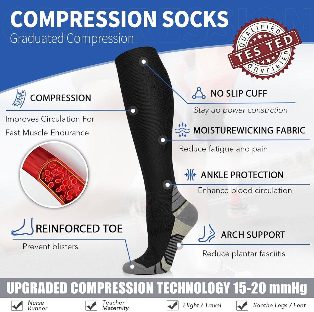 Sooverki Copper Compression Socks for Men & Women 8 Pack 15-20mmHg - Knee High Stockings Best Support for Running Athletic