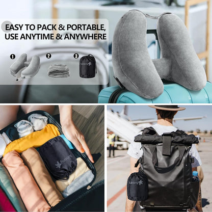 Sunany Travel Neck Pillow for Airplane Pillow Comfortably Supports Head, Neck and Chin, Inflatable Travel Pillow with Soft Velour Cover and Portable Drawstring Bag (Black, H-Shape)