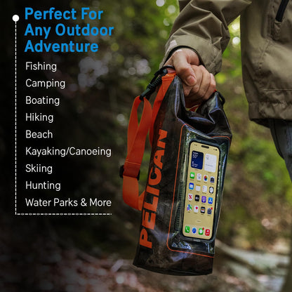 Pelican Marine IP68 Waterproof Dry Bag 2L - Roll Top Waterproof Backpack w/Phone Case/Pouch - Boating & Kayak Accessories - Essentials for Camping Swimming Beach Fishing Rafting Travel - Black/Yellow