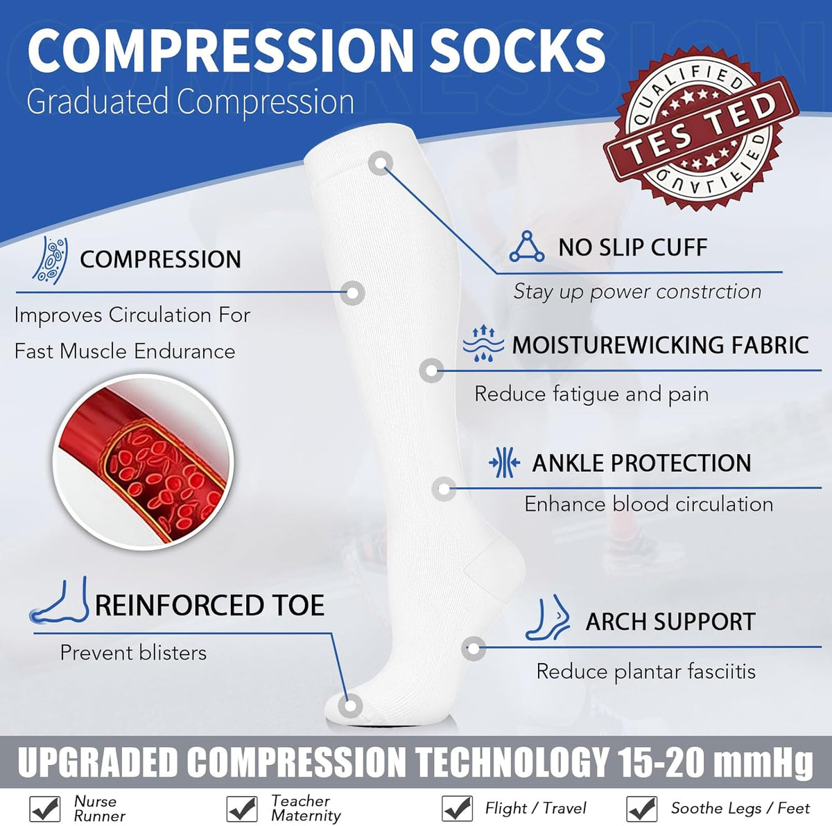 Sooverki Copper Compression Socks for Men & Women 8 Pack 15-20mmHg - Knee High Stockings Best Support for Running Athletic