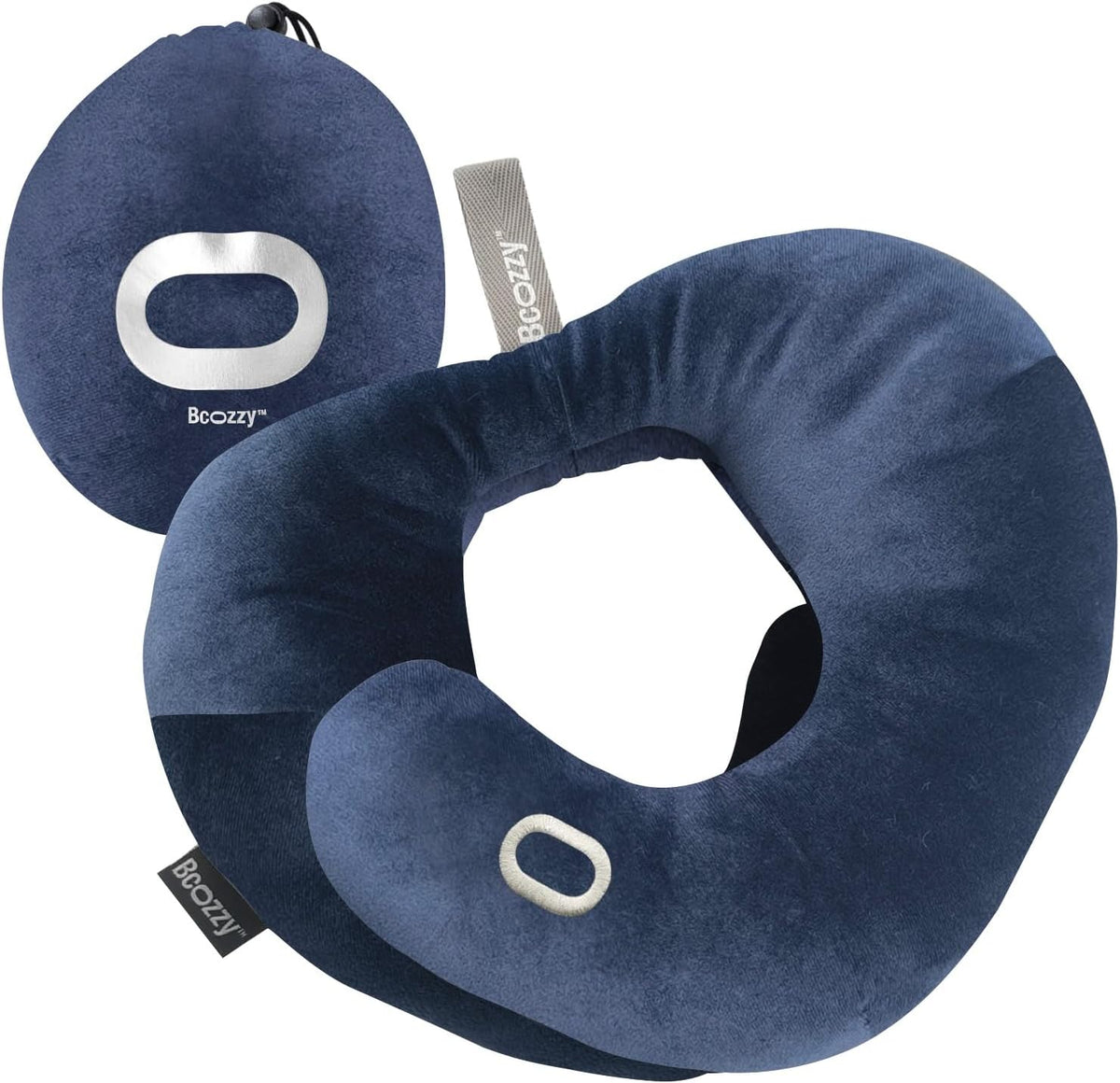 BCOZZY Travel Neck Pillow for Airplane – Patented Double Support for Head, Neck, and Chin. Best for Long Flights, Plane Sleeping, and Car Rides. Adjustable Size. Fully Washable. Carry Bag. Large, Navy