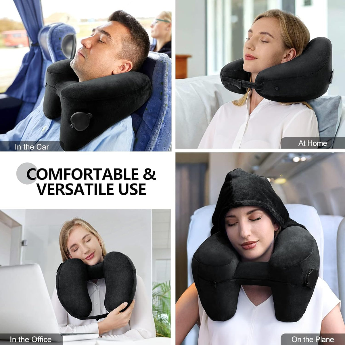 Sunany Travel Neck Pillow for Airplane Pillow Comfortably Supports Head, Neck and Chin, Inflatable Travel Pillow with Soft Velour Cover and Portable Drawstring Bag (Black, H-Shape)