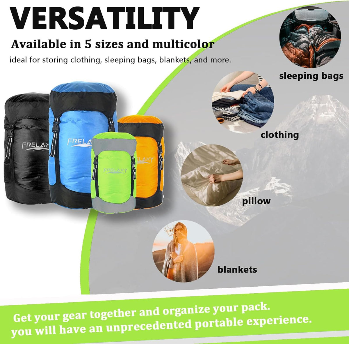 Frelaxy Compression Sack, 40% More Storage! 11L/18L/30L/45L/52L Compression Stuff Sack, Water-Resistant & Ultralight Sleeping Bag Stuff Sack - Space Saving Gear for Camping, Hiking