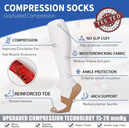 Sooverki Copper Compression Socks for Men & Women 8 Pack 15-20mmHg - Knee High Stockings Best Support for Running Athletic