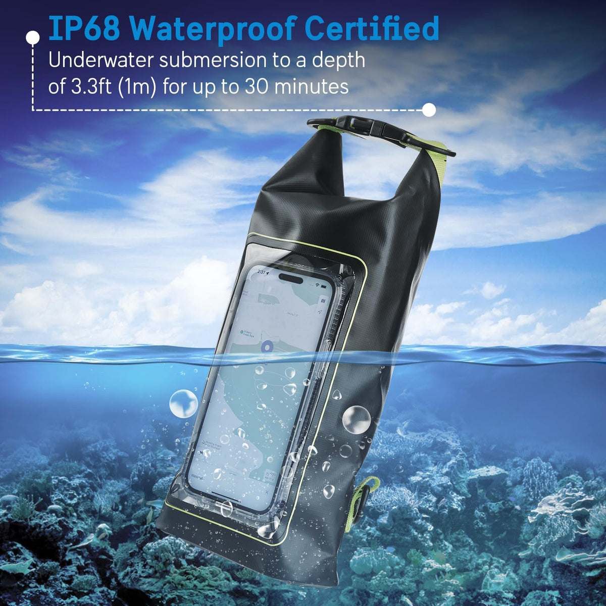 Pelican Marine IP68 Waterproof Dry Bag 2L - Roll Top Waterproof Backpack w/Phone Case/Pouch - Boating & Kayak Accessories - Essentials for Camping Swimming Beach Fishing Rafting Travel - Black/Yellow