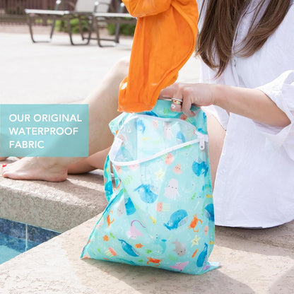 Bumkins Waterproof Wet Bag for Baby, Travel, Swim Suit, Cloth Diapers, Pump Parts, Pool, Beach, Gym Clothes, Toiletry, Hook to Stroller, Daycare, Zipper Reusable Wetdry Packing Pouch, Jungle