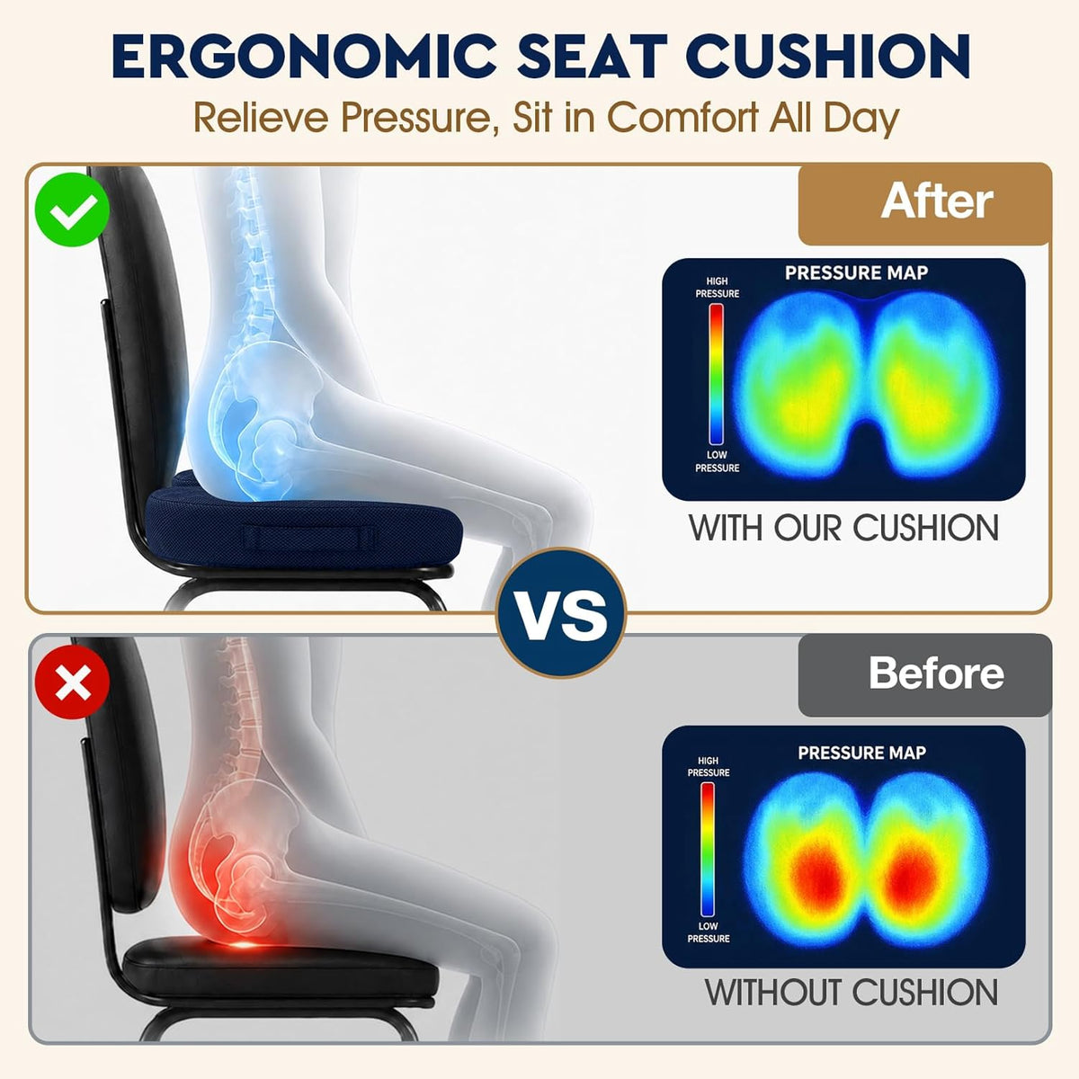 TushGuard Seat Cushion, Memory Foam Office Chair Cushion - Grey, Large