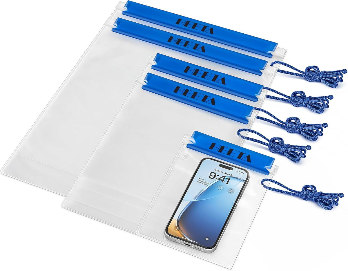 HEETA 5-Pack Clear Waterproof Dry Bag Pouch, Water Tight Cases Dry Bags Document Holder for Camera Mobile Phone Maps, Kayaking Boating