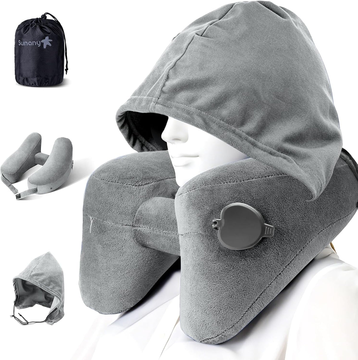 Sunany Travel Neck Pillow for Airplane Pillow Comfortably Supports Head, Neck and Chin, Inflatable Travel Pillow with Soft Velour Cover and Portable Drawstring Bag (Black, H-Shape)