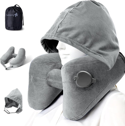 Sunany Travel Neck Pillow for Airplane Pillow Comfortably Supports Head, Neck and Chin, Inflatable Travel Pillow with Soft Velour Cover and Portable Drawstring Bag (Black, H-Shape)