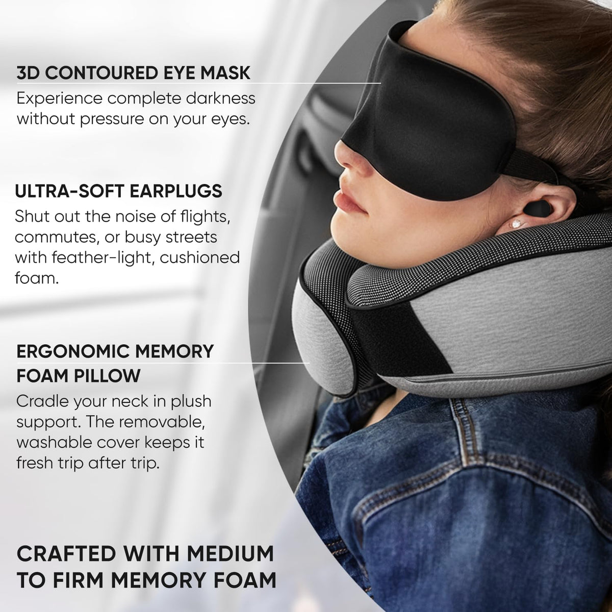 Proglobe Travel Neck Pillows for Airplanes, Sleeping Essentials for Long haul Flights, 360° Head Support, Car and Airplane Kit with 3D Contoured Eye Mask, Earplugs and Luxury Mesh Bag (Adult, Grey)