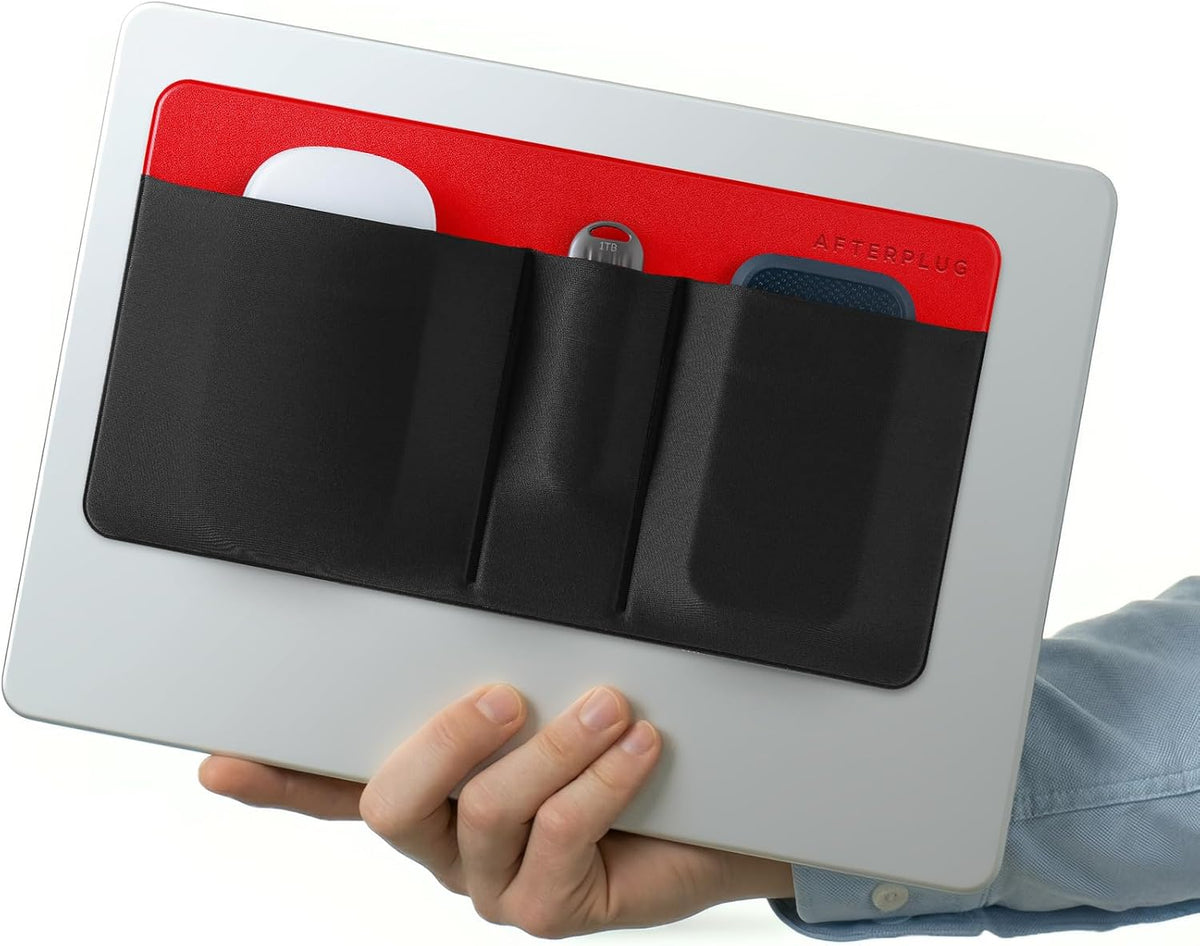 3-Pocket Adhesive Hard Drive Holder for Laptop | Stick-On Pouch for External SSD, HDD, Mouse and More - Black