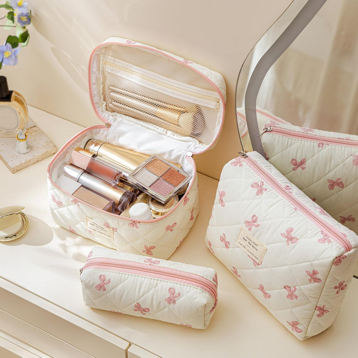 HBselect Quilted Makeup Bag, 3PCS Cotton Large Travel Makeup Bag, Cute Floral Coquette Make up Bag Cosmetic Bag Toiletry Bag for Women Girls - Colors A