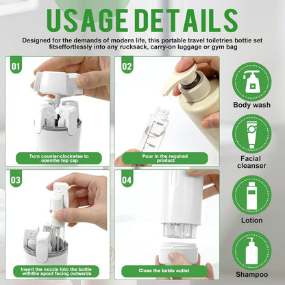 4 in 1 Travel Dispenser,4 Pack 30ML Travel Bottles for Toiletries,Refillable, Leak Proof and Portable,Suitable for Storing Shampoo, Shower Gel, Laundry Detergent, Suitable for Travel, Camping (White)