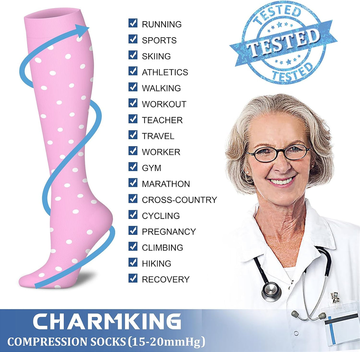 CHARMKING Compression Socks for Women & Men Circulation (8 Pairs) 15-20 mmHg Best Calf Socks Support for Athletic Cycling - Colors B
