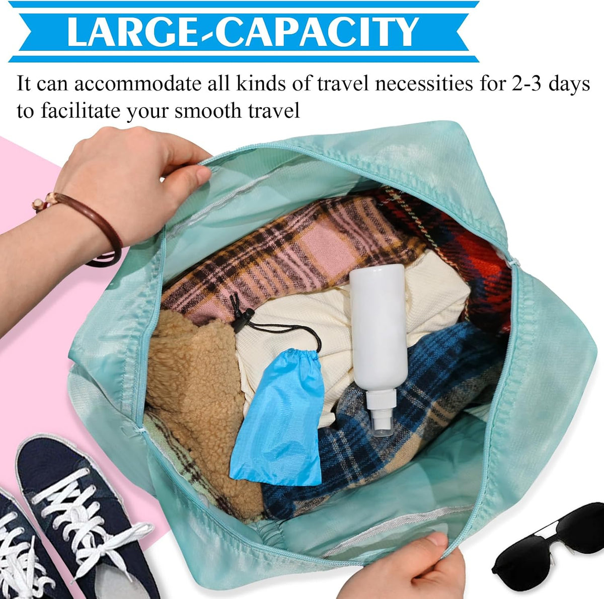 Foldable Travel Duffel Bags 2PCS Tote Carry On Luggage Spirit Airlines Personal Item Sports Gym Weekender Overnight Bags for Women and Men (Red+Blue)