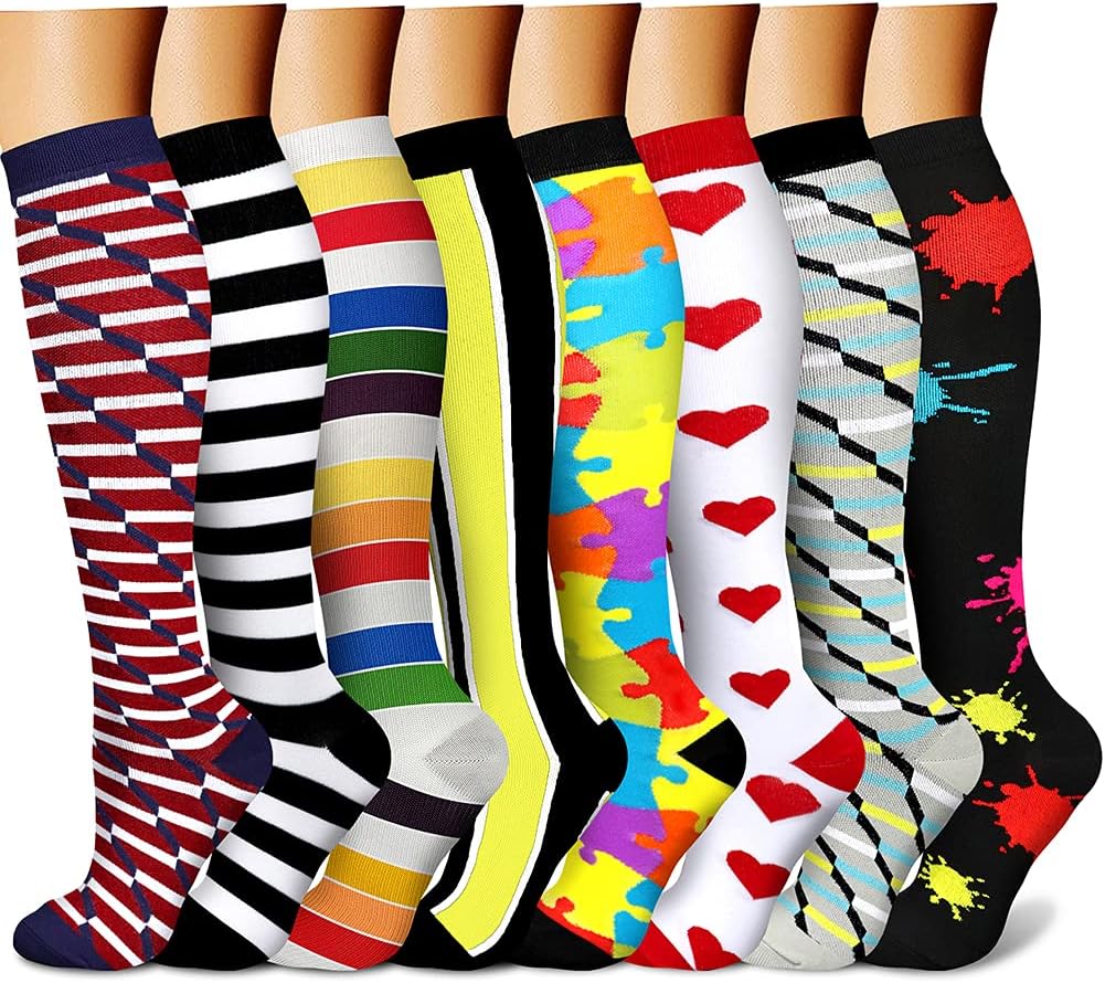 CHARMKING Compression Socks for Women & Men Circulation (8 Pairs) 15-20 mmHg Best Calf Socks Support for Athletic Cycling - Colors B