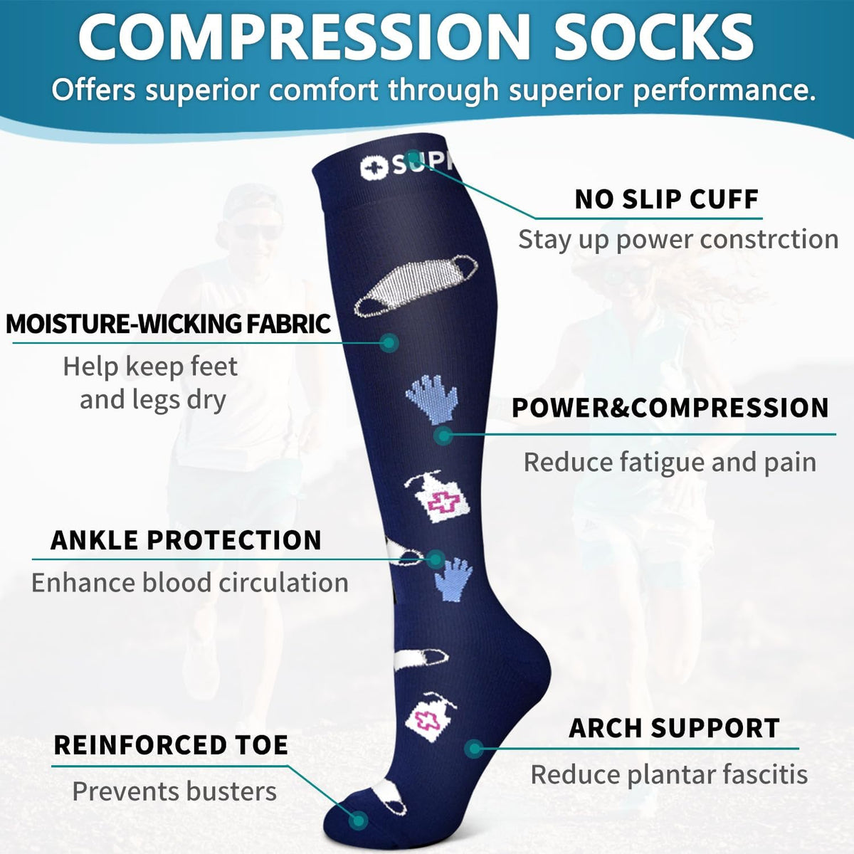 6 Pack Copper Compression Socks for Women and Men Circulation-Best Support for Medical,Running,Nursing,Athletic - Colors B