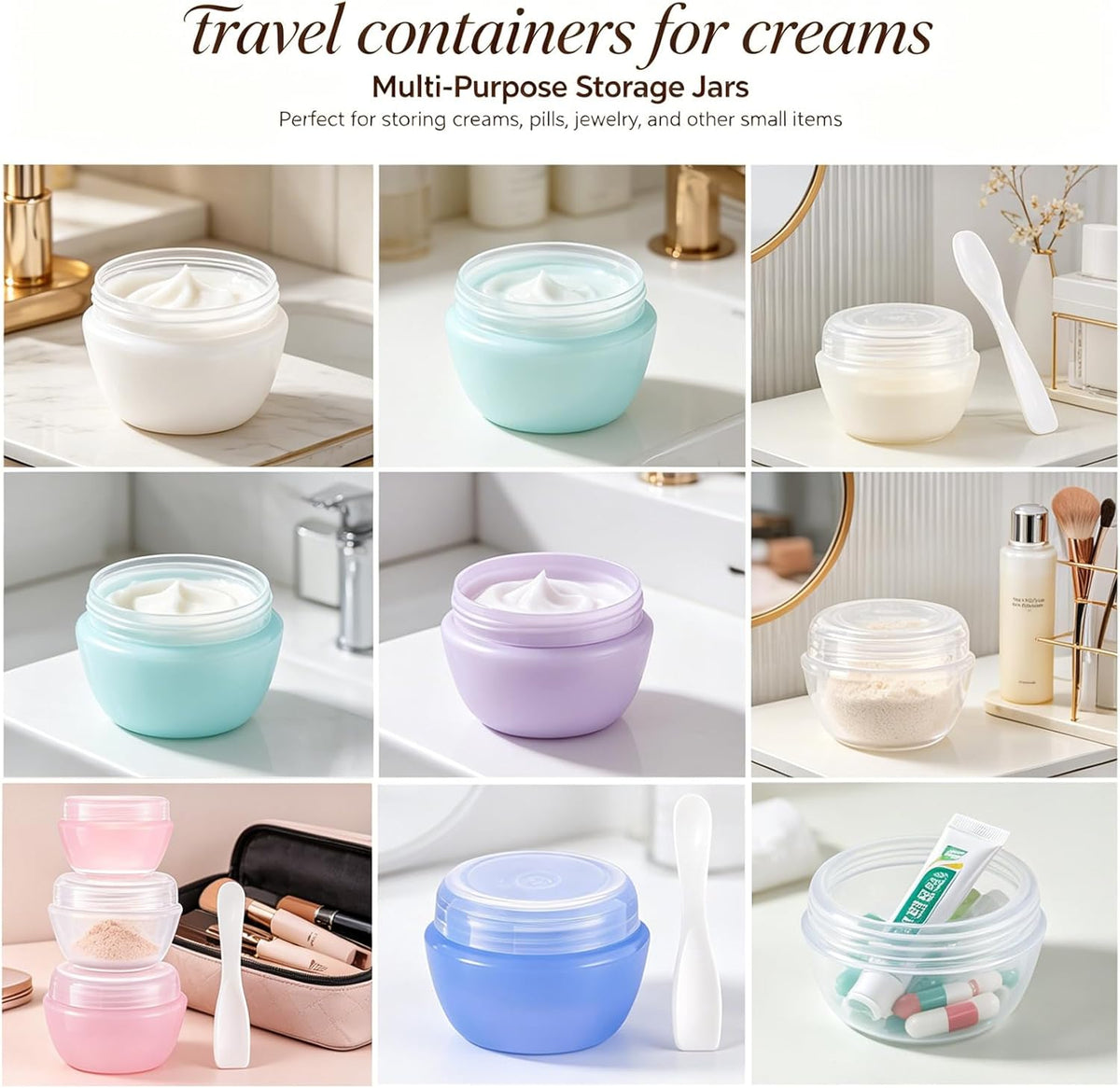 Travel Containers for Toiletries, 3 Size 0.35/0.7/1 OZ Sample Jars, TSA Approved Leak-proof Travel Size Toiletries Containers with Lids for Cosmetic Makeup Face Body Hand Cream