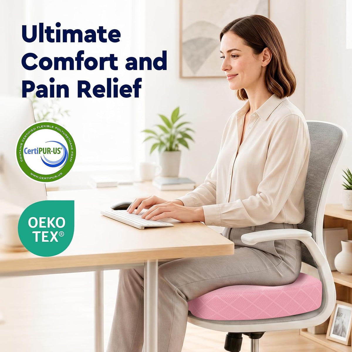 TushGuard Seat Cushion, Memory Foam Office Chair Cushion - Grey, Large