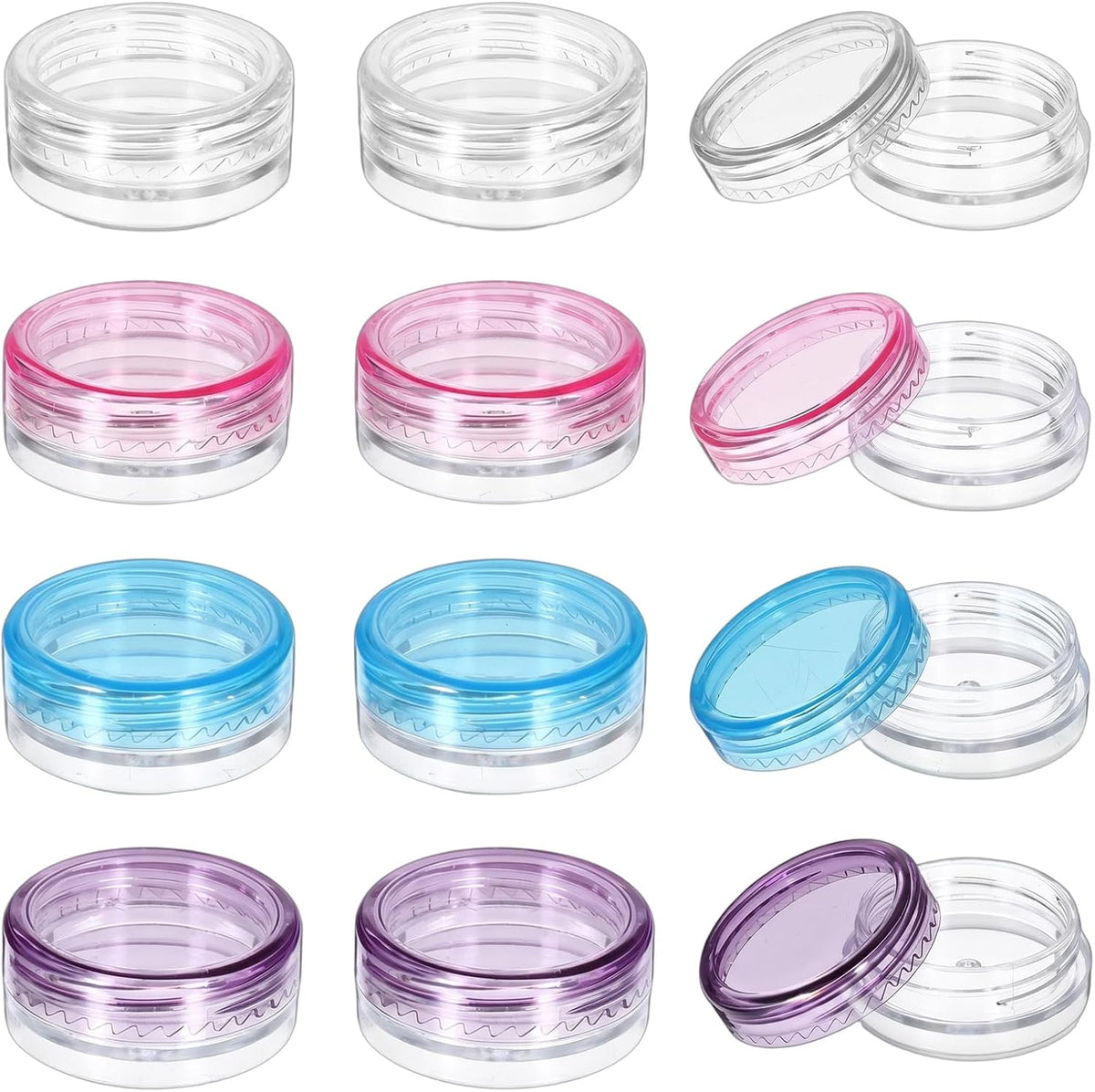 Small Travel Containers, 12 Pcs Sample Containers with Lids, 2g Mini Travel Jars for Creams Refillable Makeup Samples Container Clear Sample Pots Toiletries Lotions (4 Colors, 3x1.2cm)
