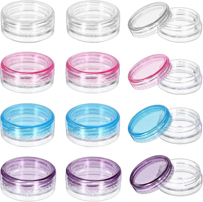 Small Travel Containers, 12 Pcs Sample Containers with Lids, 2g Mini Travel Jars for Creams Refillable Makeup Samples Container Clear Sample Pots Toiletries Lotions (4 Colors, 3x1.2cm)