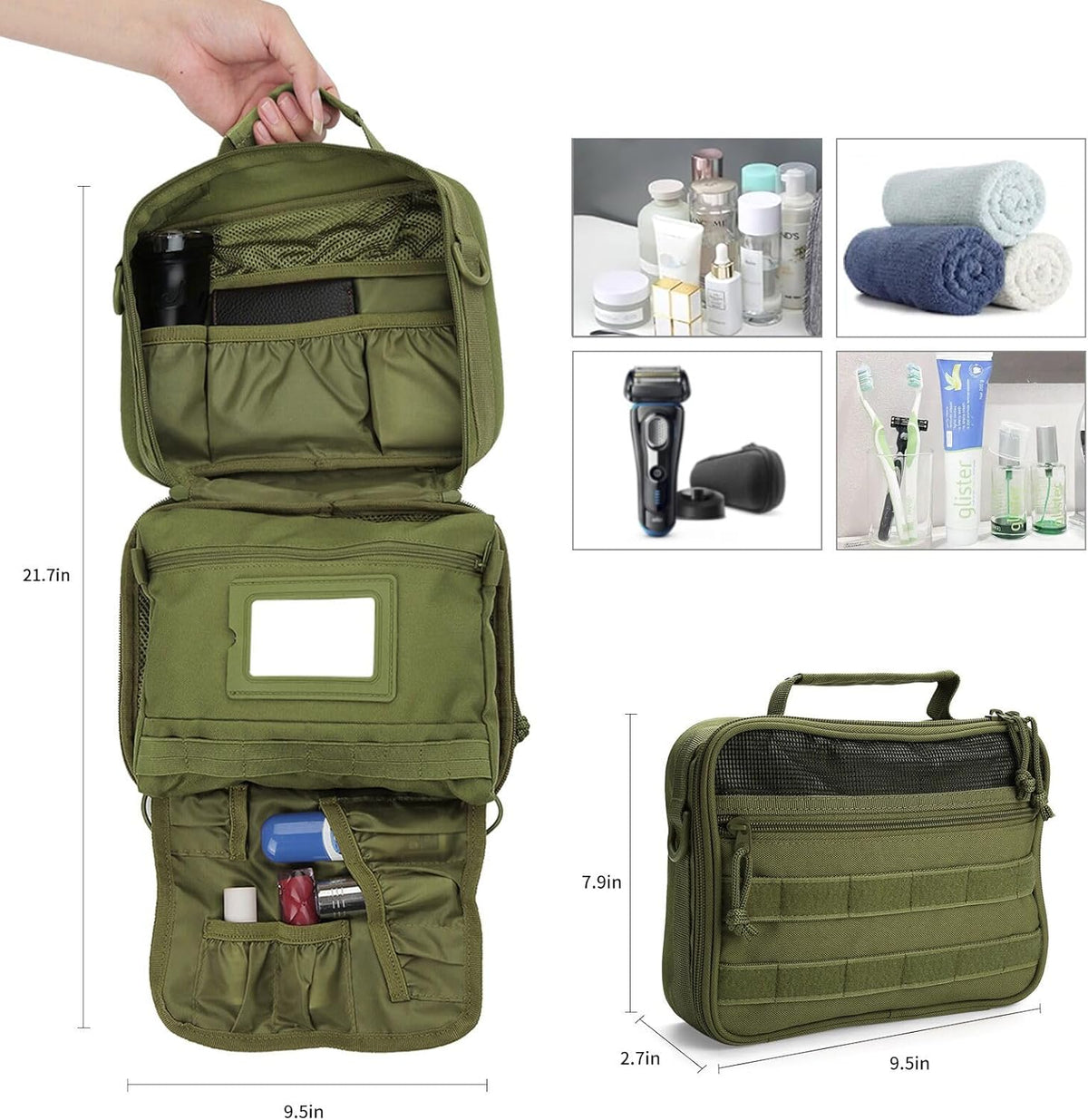 SUNRISING Tactical Toiletry Bag for Men, Hanging Travel Toiletry Organizer Dopp Kit, Shaving Hygiene Toiletries Bag, Men's Toiletry Bag for Short Trips Camping - Green