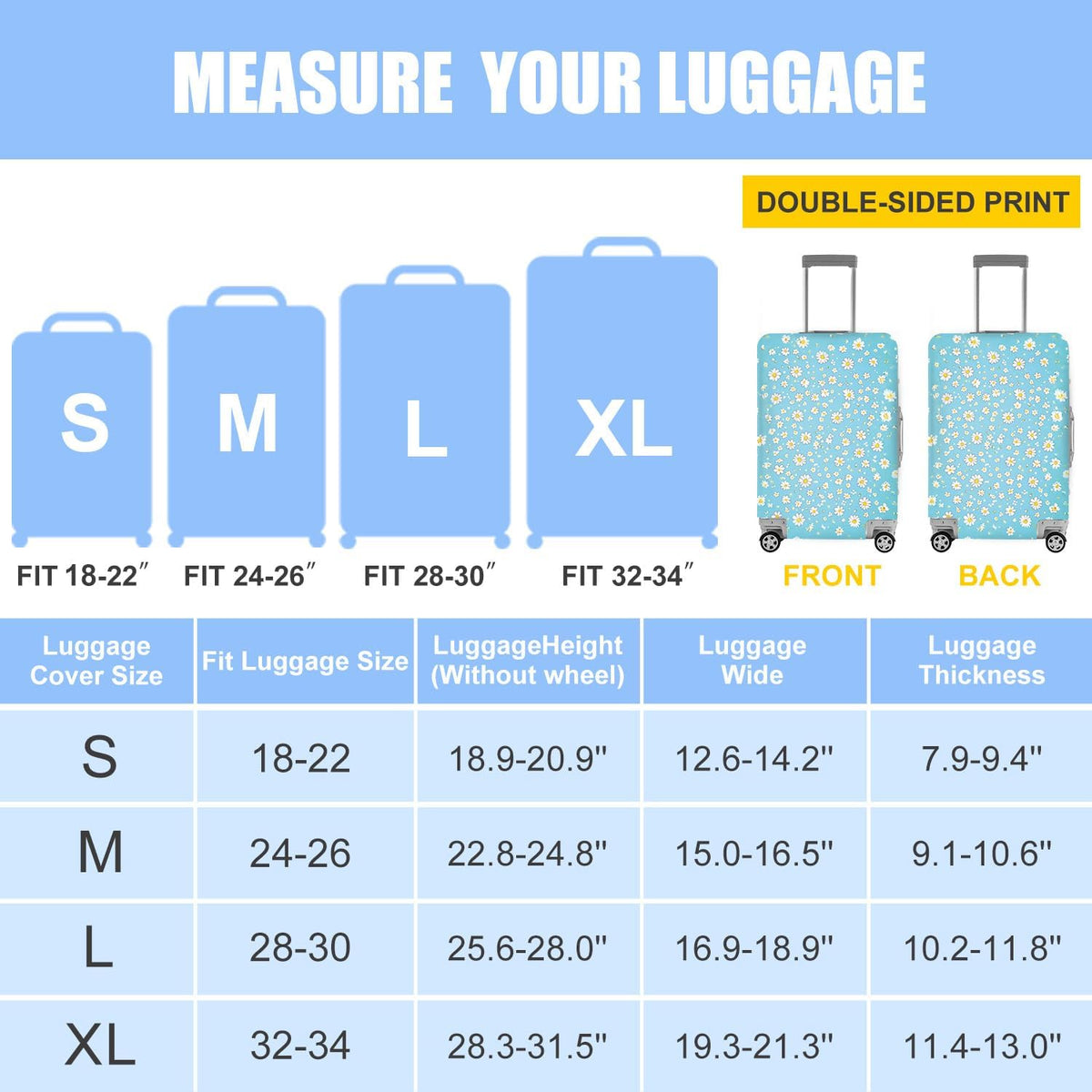 All Over Daisy Print Luggage Cover – Blue Suitcase Protector with White Floral Pattern, Washable Stretch Travel Case for 32-34 Inch Luggage,XL
