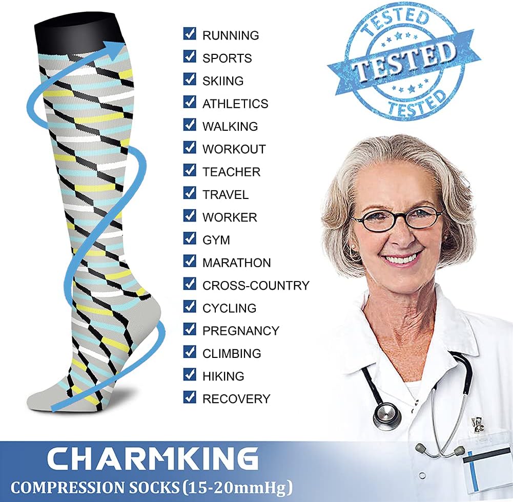 CHARMKING Compression Socks for Women & Men Circulation (8 Pairs) 15-20 mmHg Best Calf Socks Support for Athletic Cycling - Colors B