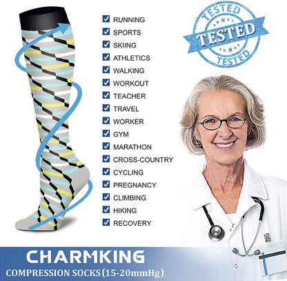 CHARMKING Compression Socks for Women & Men Circulation (8 Pairs) 15-20 mmHg Best Calf Socks Support for Athletic Cycling - Colors B