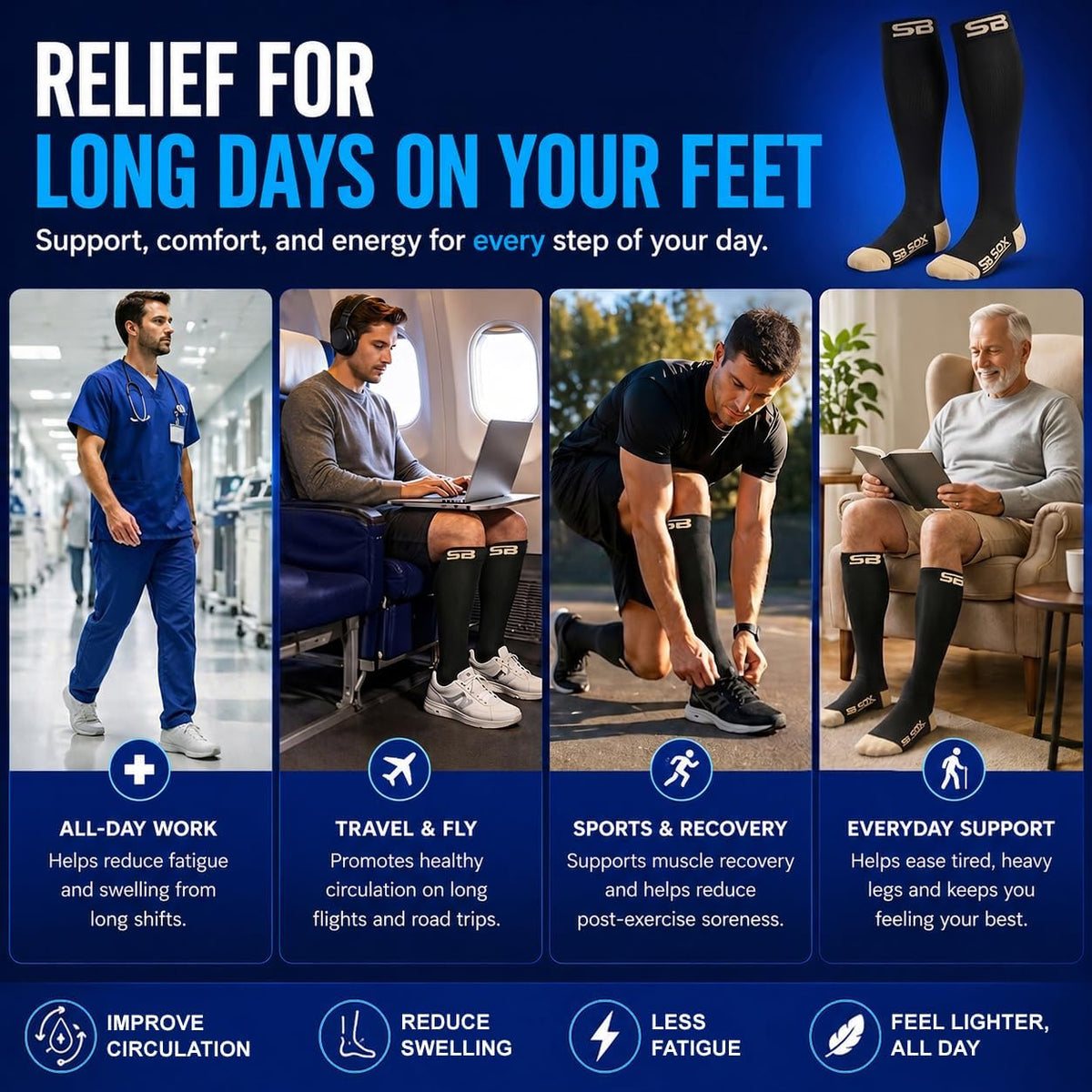 SB SOX Compression Socks for Men & Women (20-30mmHg) – Best Compression Socks for Flying, Medical, Sports, Wide Calf Fit, and Daily Wear