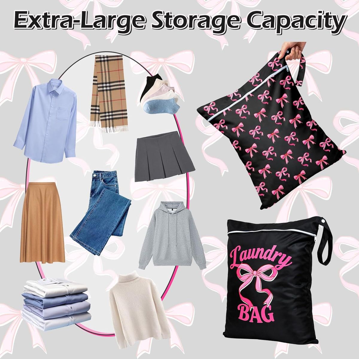 2 Pcs Large Travel Laundry Bags Waterproof Wet Dry Bag, Washable Dirty Clothes Bags for Travel，Drawstring, Bathing Suit, Workout, Gym Clothes Laundry, Swimming Pool & College Dorm, Pink Bow