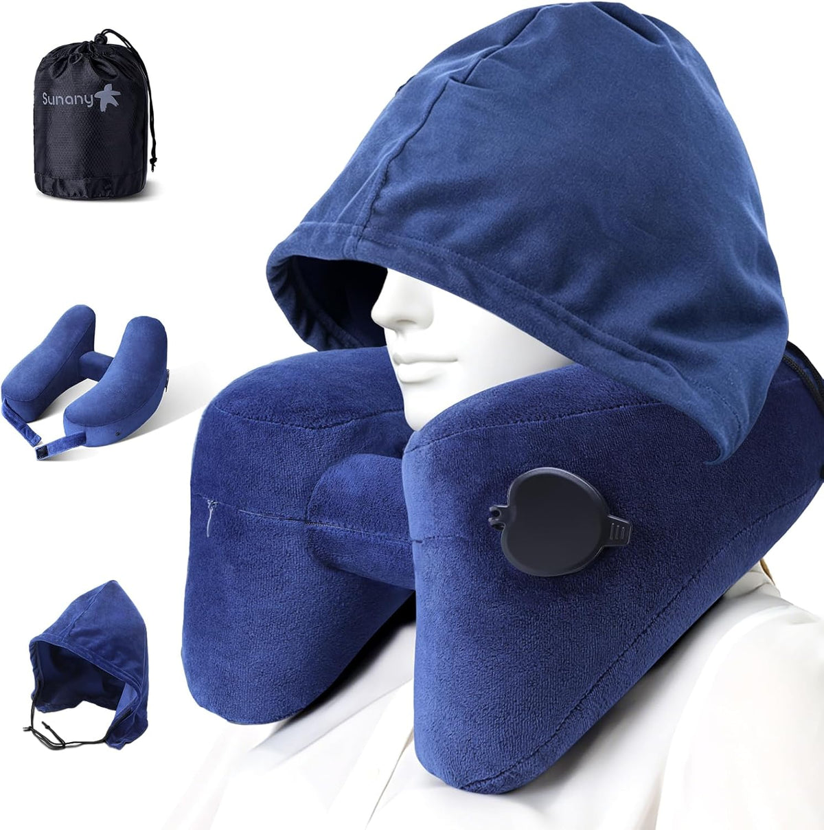 Sunany Travel Neck Pillow for Airplane Pillow Comfortably Supports Head, Neck and Chin, Inflatable Travel Pillow with Soft Velour Cover and Portable Drawstring Bag (Black, H-Shape)