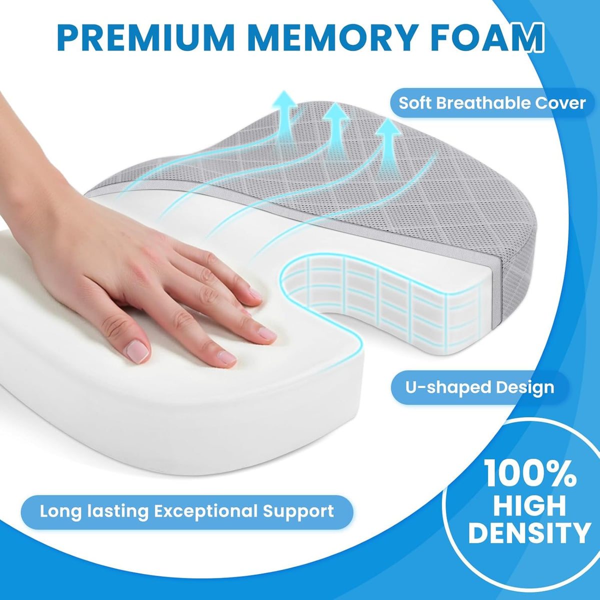 TushGuard Seat Cushion, Memory Foam Office Chair Cushion - Grey, Large