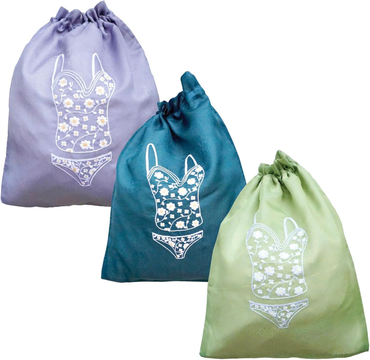 Lingerie Bag for Travel Set of 3, Women Lingerie Storage Bags with Drawstrings, Double-Layered Polyester Beach Bags for Swimwear, Underwear & Storage, 15x15 Inches (Green-Gray-Teal)