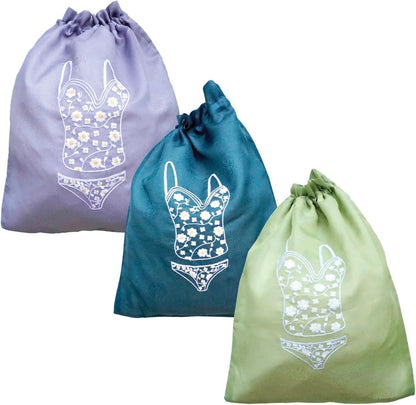 Lingerie Bag for Travel Set of 3, Women Lingerie Storage Bags with Drawstrings, Double-Layered Polyester Beach Bags for Swimwear, Underwear & Storage, 15x15 Inches (Green-Gray-Teal)