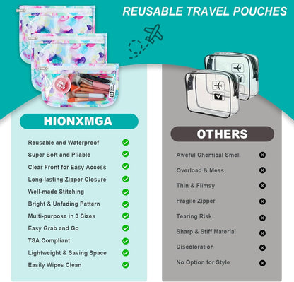 HIONXMGA TSA Approved Toiletry Bag, Set of 3 Clear Travel Toiletry Bag Quart Size Zipper Travel Pouch, Waterproof Makeup Cosmetic Bag for Women Men Kids Toiletries Carry on, Cacti A