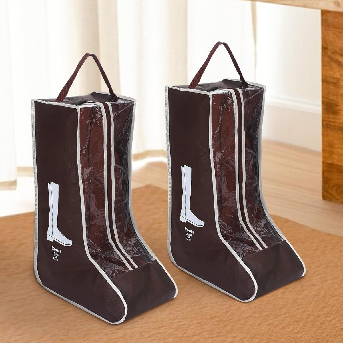 2 Pcs Tall Boot Bags for Cowboy Boots, Visualization Boot Storage Bag, Waterproof, Dustproof, Portable, Suitable for Travel and Daily Use, Foldable, Leather Shoes, Sports Shoes Storage (Cream White)