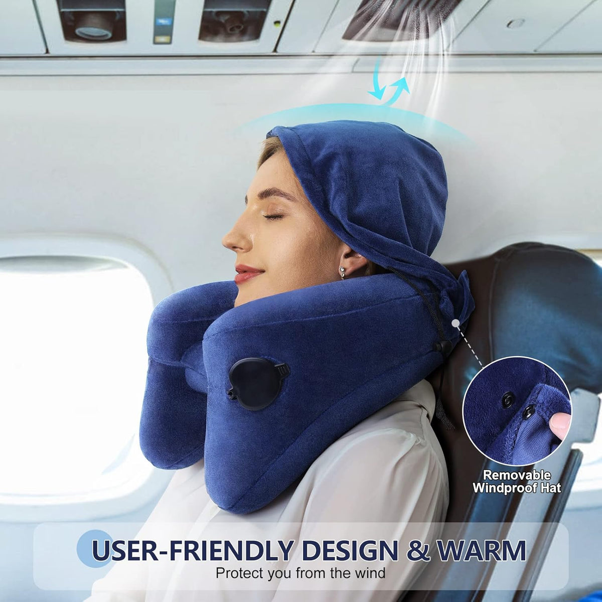 Sunany Travel Neck Pillow for Airplane Pillow Comfortably Supports Head, Neck and Chin, Inflatable Travel Pillow with Soft Velour Cover and Portable Drawstring Bag (Black, H-Shape)
