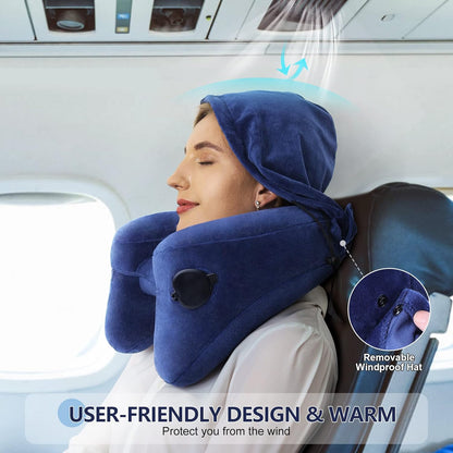 Sunany Travel Neck Pillow for Airplane Pillow Comfortably Supports Head, Neck and Chin, Inflatable Travel Pillow with Soft Velour Cover and Portable Drawstring Bag (Black, H-Shape)